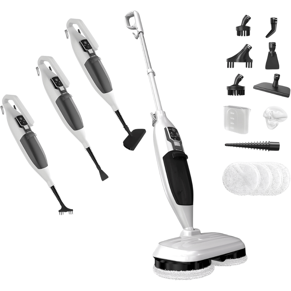 Mop Cu Abur 2-în-1 Igienizare & Curatare, 2 Placute Rotative, 2 Lavete Microfibra, 13 Accesorii pentru Podea, Parchet, Mobila, Gresie, Rezervor 500ml