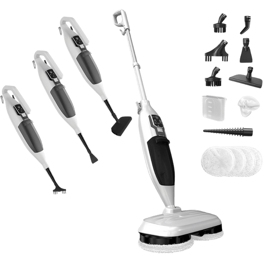 Mop Cu Abur 2-în-1 Igienizare & Curatare, 2 Placute Rotative, 2 Lavete Microfibra, 13 Accesorii pentru Podea, Parchet, Mobila, Gresie, Rezervor 500ml