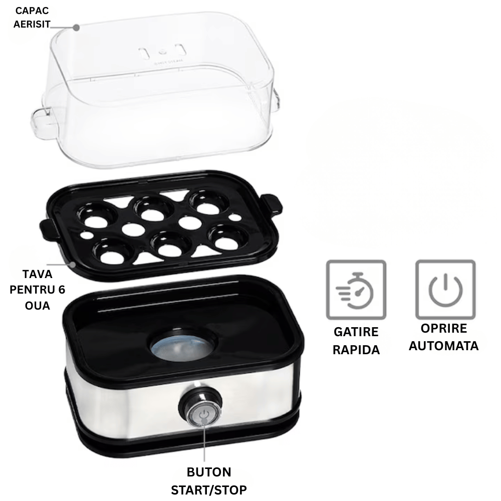 Fierbator de oua, Inox, Capacitate 6 oua, Indicator luminos, Timer, Semnal acustic de final, Fara BPA, Usor de curatat si de folosit