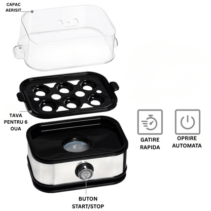 Fierbator de oua, Inox, Capacitate 6 oua, Indicator luminos, Timer, Semnal acustic de final, Fara BPA, Usor de curatat si de folosit