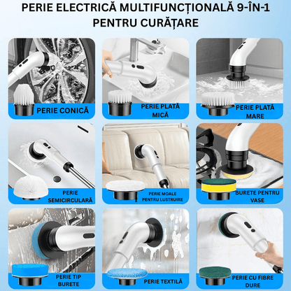 Perie Electrica Rotativa 9 Capete pentru Curatare Bucatarie, Baie, Pardoseala, Geamuri, Masina, 450 RPM, Autonomie 90 de Minute