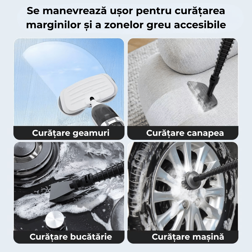 Mop Cu Abur 2-în-1 Igienizare & Curatare, 2 Placute Rotative, 2 Lavete Microfibra, 13 Accesorii pentru Podea, Parchet, Mobila, Gresie, Rezervor 500ml