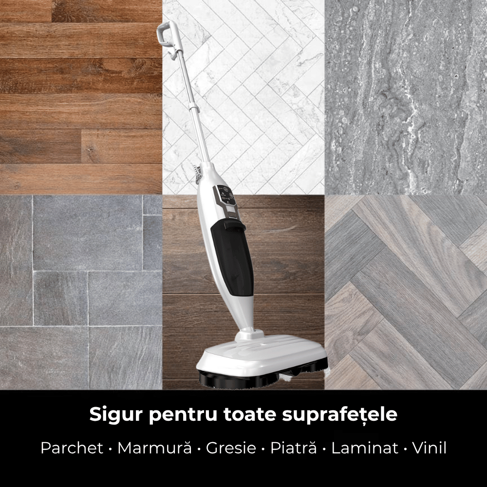 Mop Cu Abur 2-în-1 Igienizare & Curatare, 2 Placute Rotative, 2 Lavete Microfibra, 13 Accesorii pentru Podea, Parchet, Mobila, Gresie, Rezervor 500ml