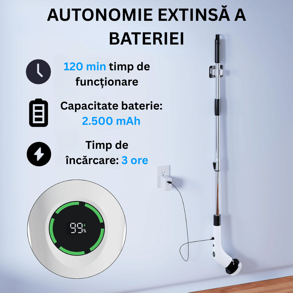 Perie Electrica Rotativa 9 Capete pentru Curatare Bucatarie, Baie, Pardoseala, Geamuri, Masina, 450 RPM, Autonomie 90 de Minute
