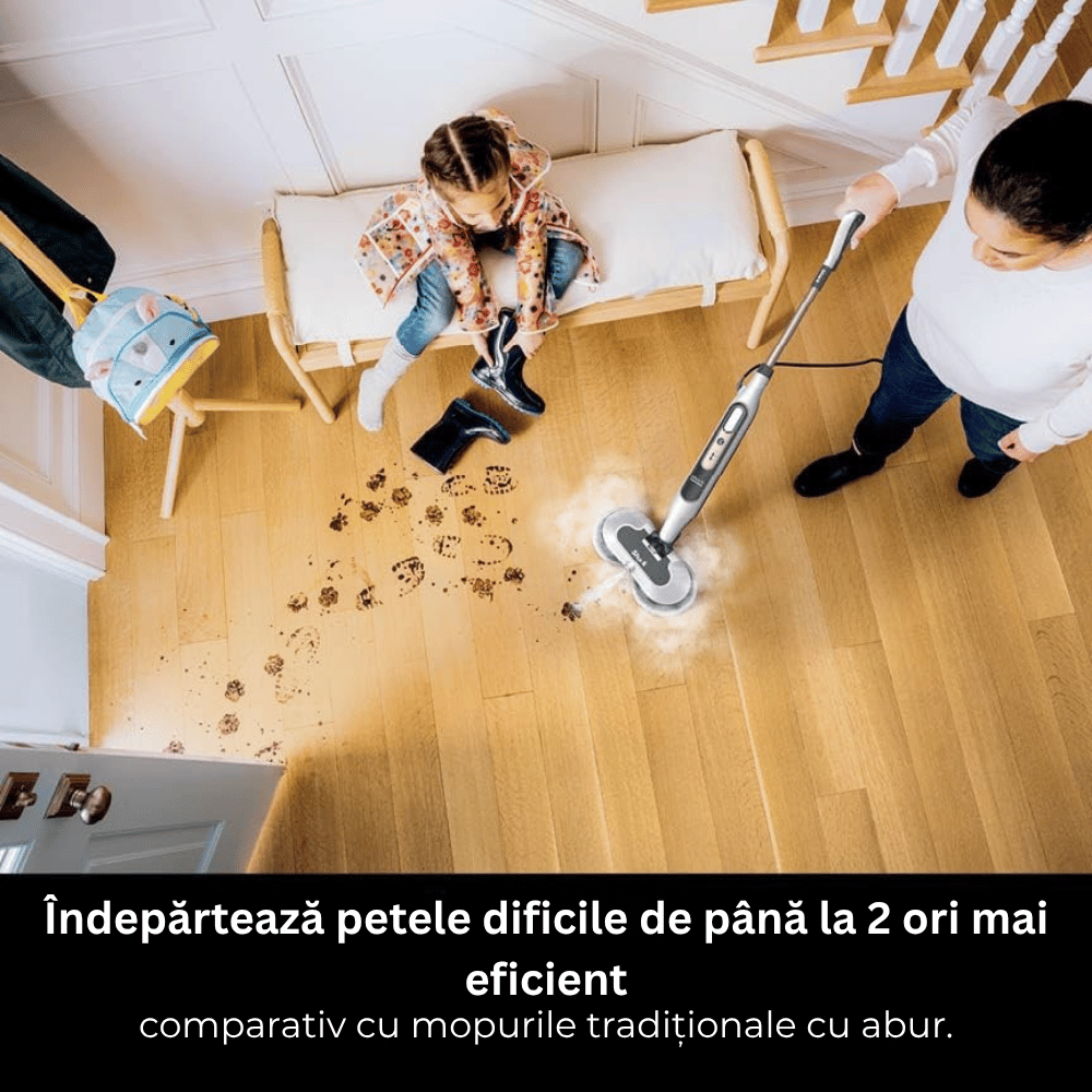 Mop Cu Abur 2-în-1 Igienizare & Curatare, 2 Placute Rotative, 2 Lavete Microfibra, 13 Accesorii pentru Podea, Parchet, Mobila, Gresie, Rezervor 500ml